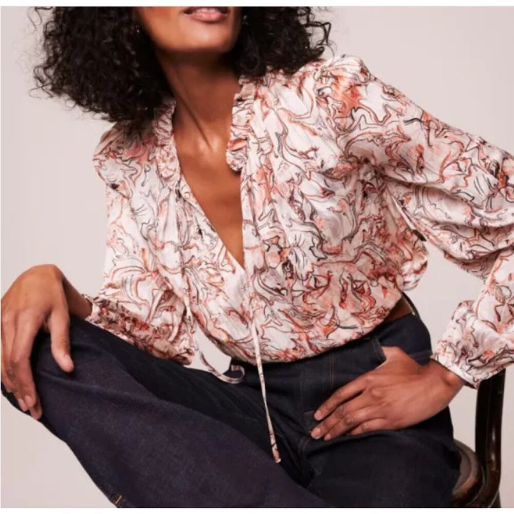 Mint Velvet Women's Long Sleeve Marble Print Blouse XS NWT Old Money Feminine